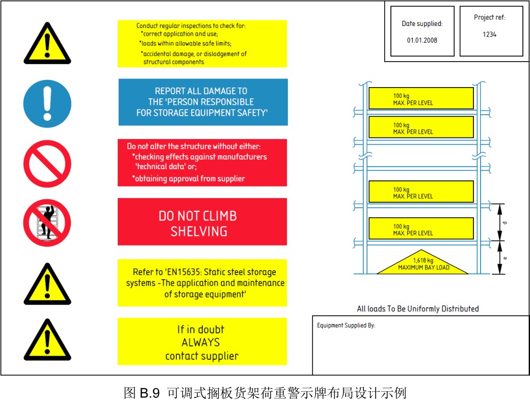 可调式隔板货架荷重警示牌布局设计示列